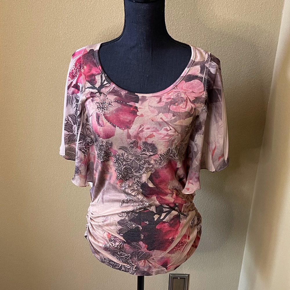 floral ESPRESSO short sleeve shirt blouse with studs small beige brown flowy
